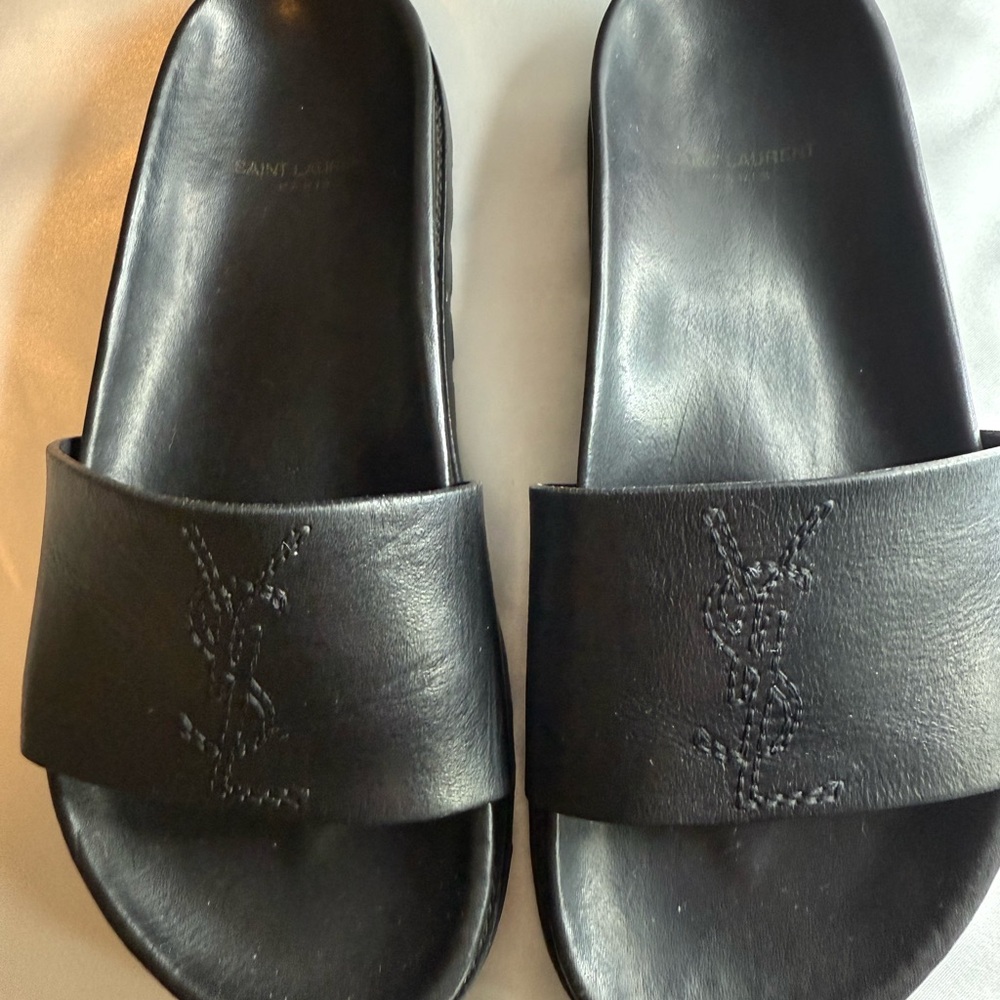 Saint Laurent Paris YSL Black Leather Slides – Size 37 (US 7)